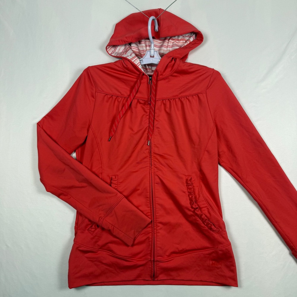 REI Womens Full Zip Hoodie Coral Red Ruffle Pocket Thumbhole Athletic Jacket S